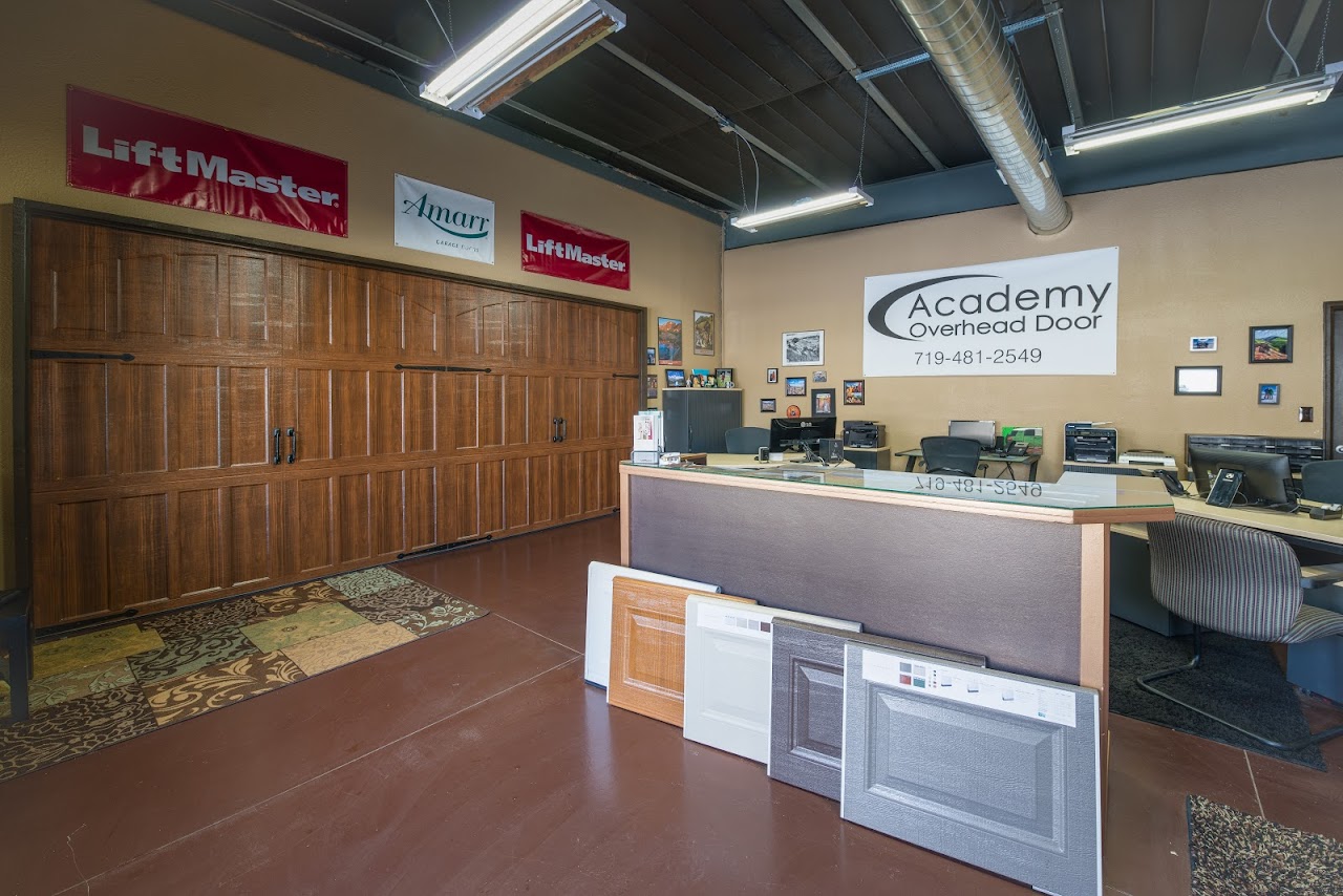 Academy Overhead Door showroom interior with LiftMaster and Amarr brand displays